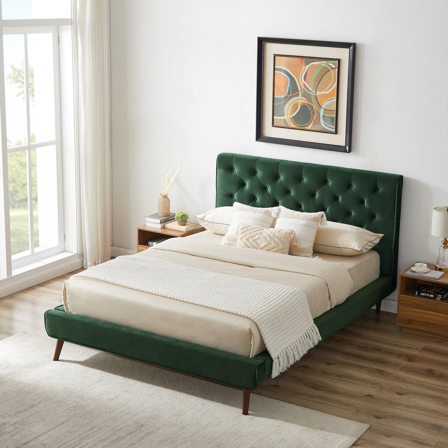 Dillon - Velvet Platform Bed Queen Size - Green