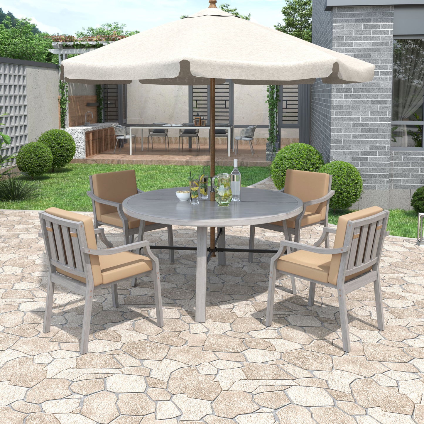 Outdoor Wooden Dinning Set With An Umbrella Hole And Removable Cushions For Patio