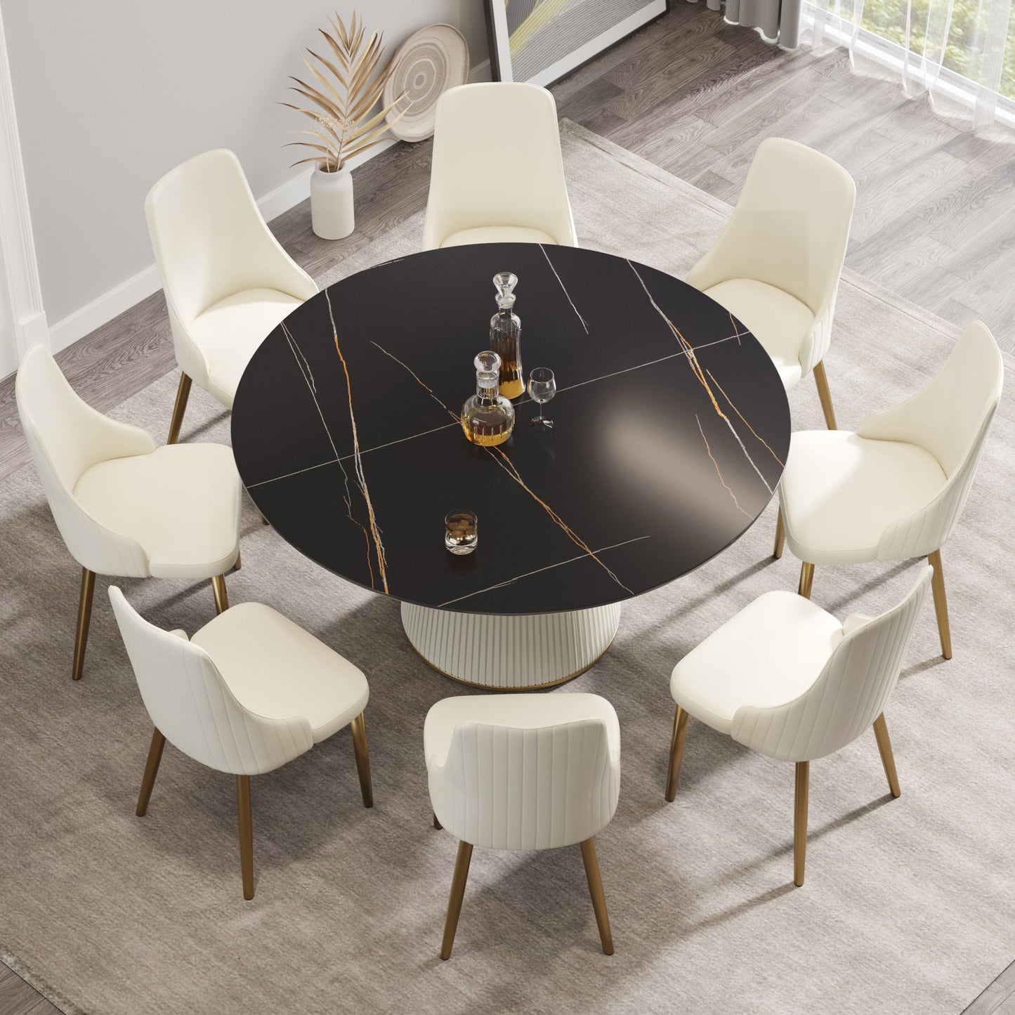 Modern Artificial Stone Round Plywood Base Dining Table, Can Accommodate 8 People, (Not Including Chairs) - Black / Beige