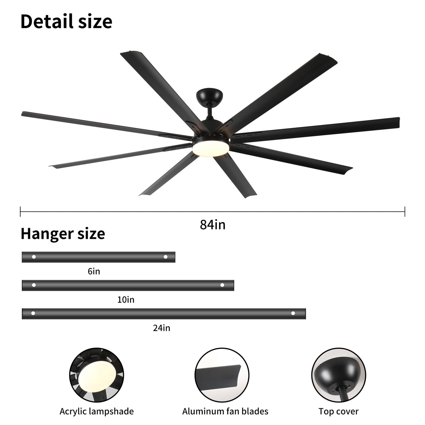 Super Large Black Ceiling Fan With Remote Control - Black