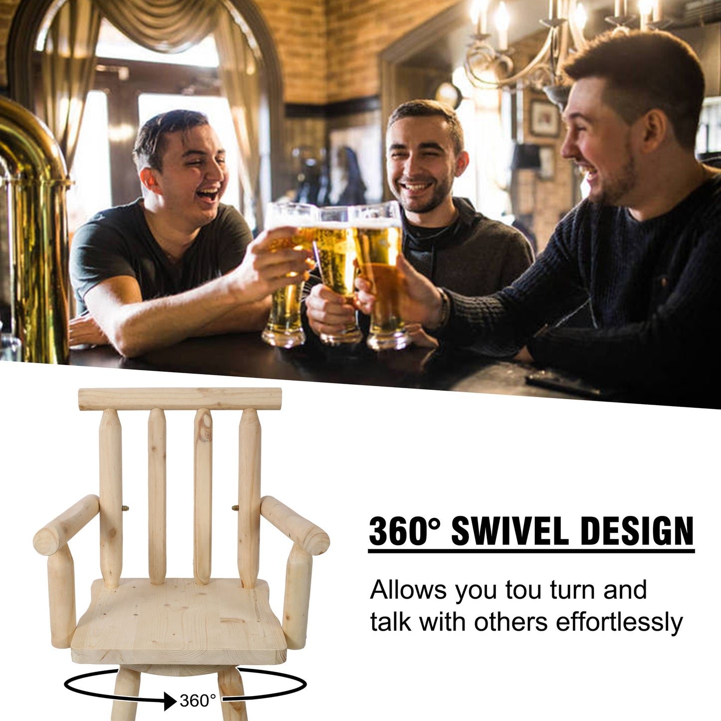 Rustic Bar Stool, Fir Wood Construction, Wide Armrest