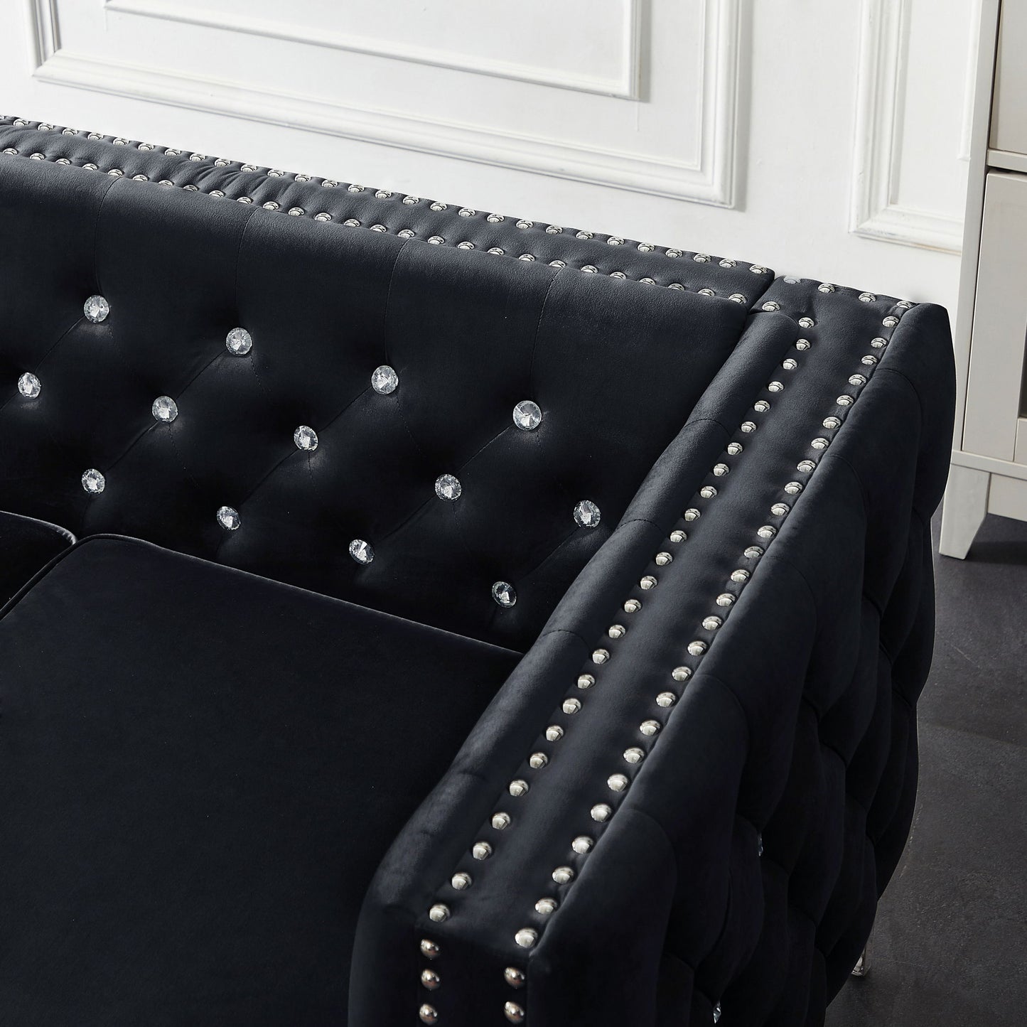 Wide Sofa With Jeweled Buttons Square Arm, 2 Pillows - Black