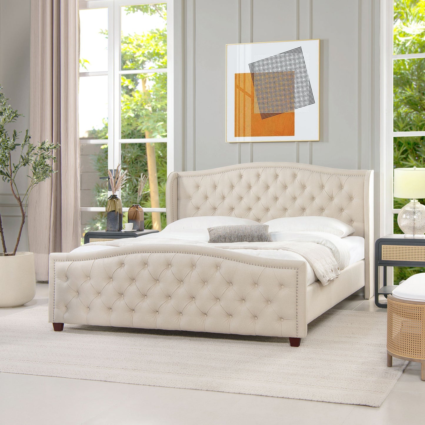 Fontana - Handcrafted Wingback Upholstered Platform Bed Frame