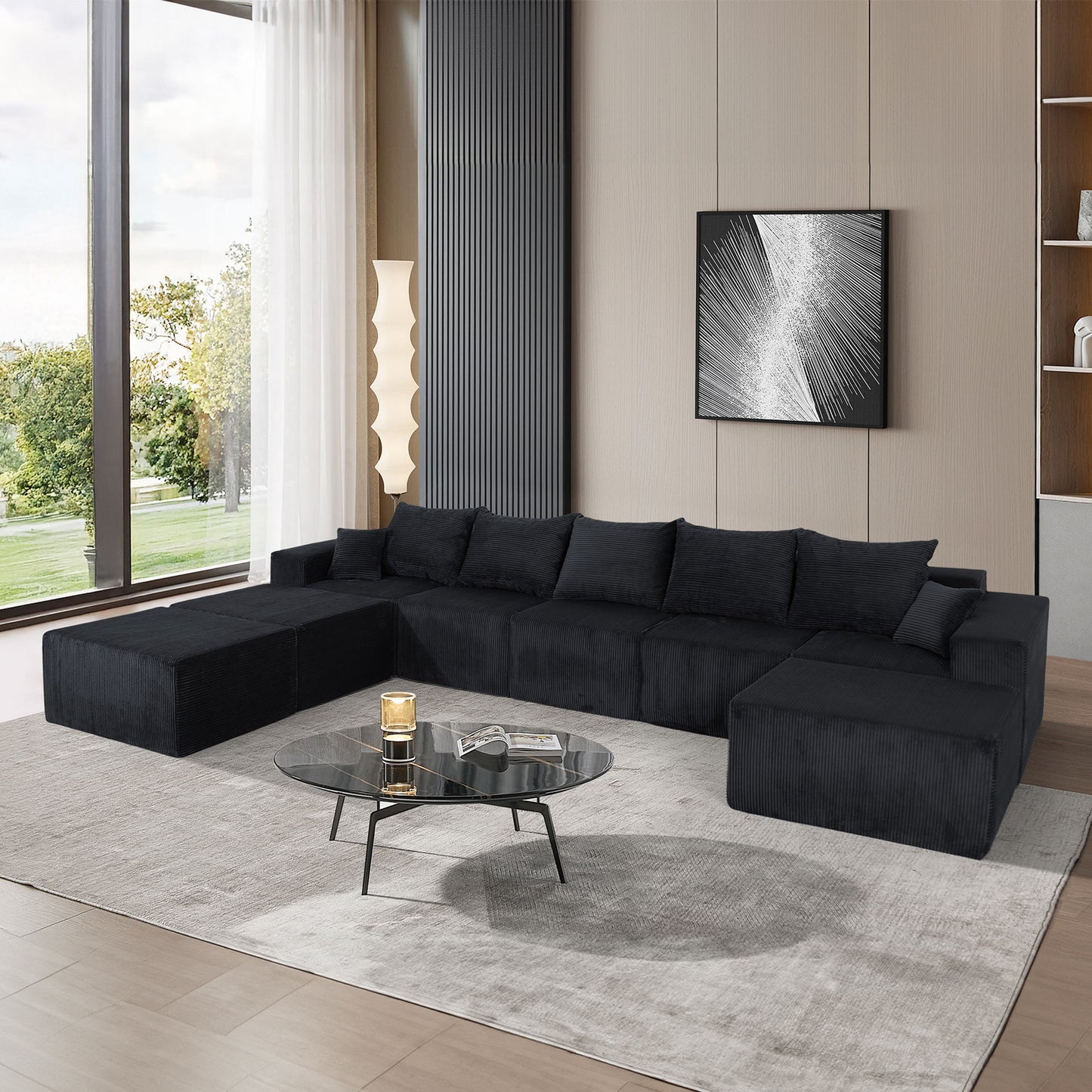 Luxury 8 Piece Modular U Shaped Sectional Sofa With Oversized Chaise Lounge And Bed Corduroy Upholstery