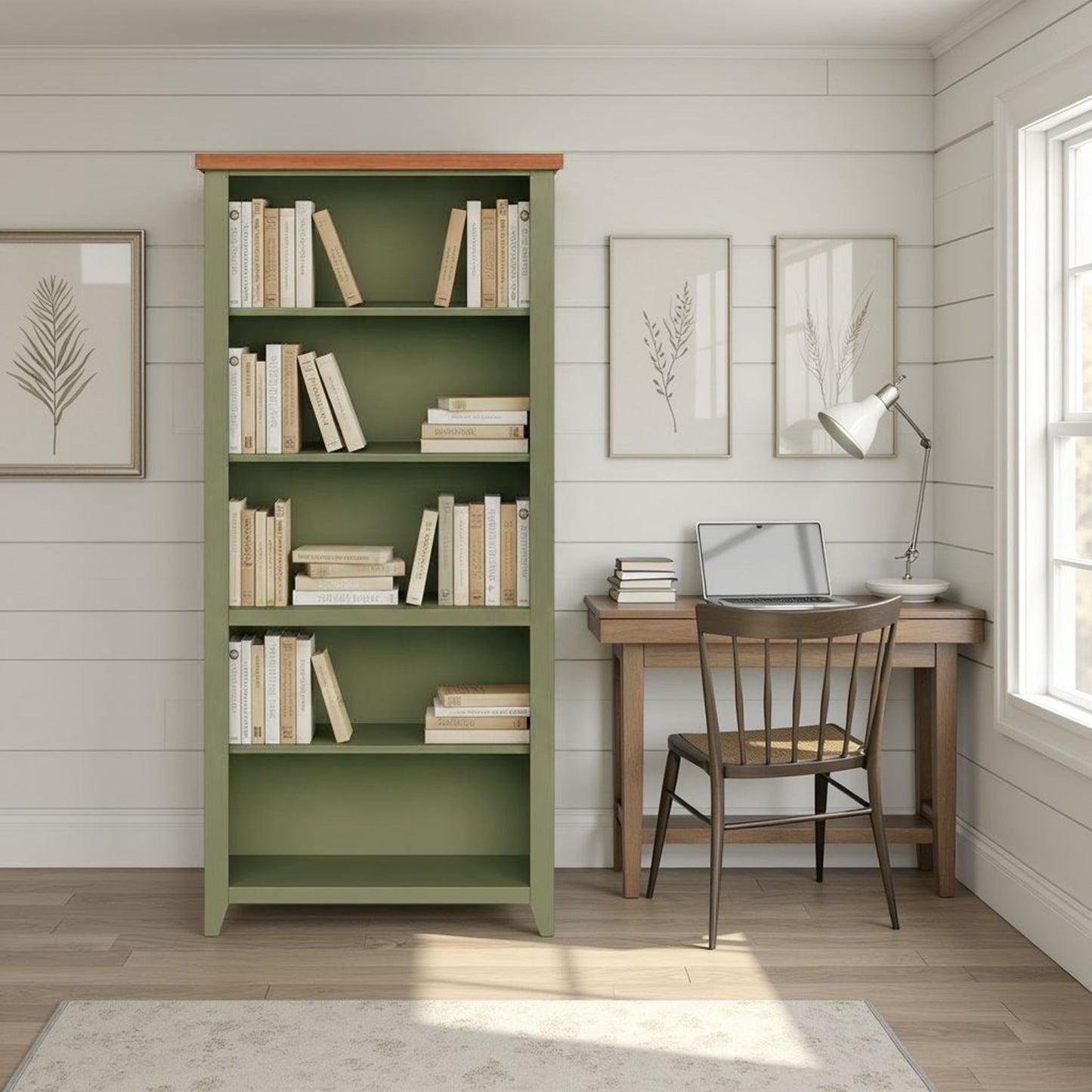 72" High 5 Shelf Bookcase - Sage Green And Fruitwood