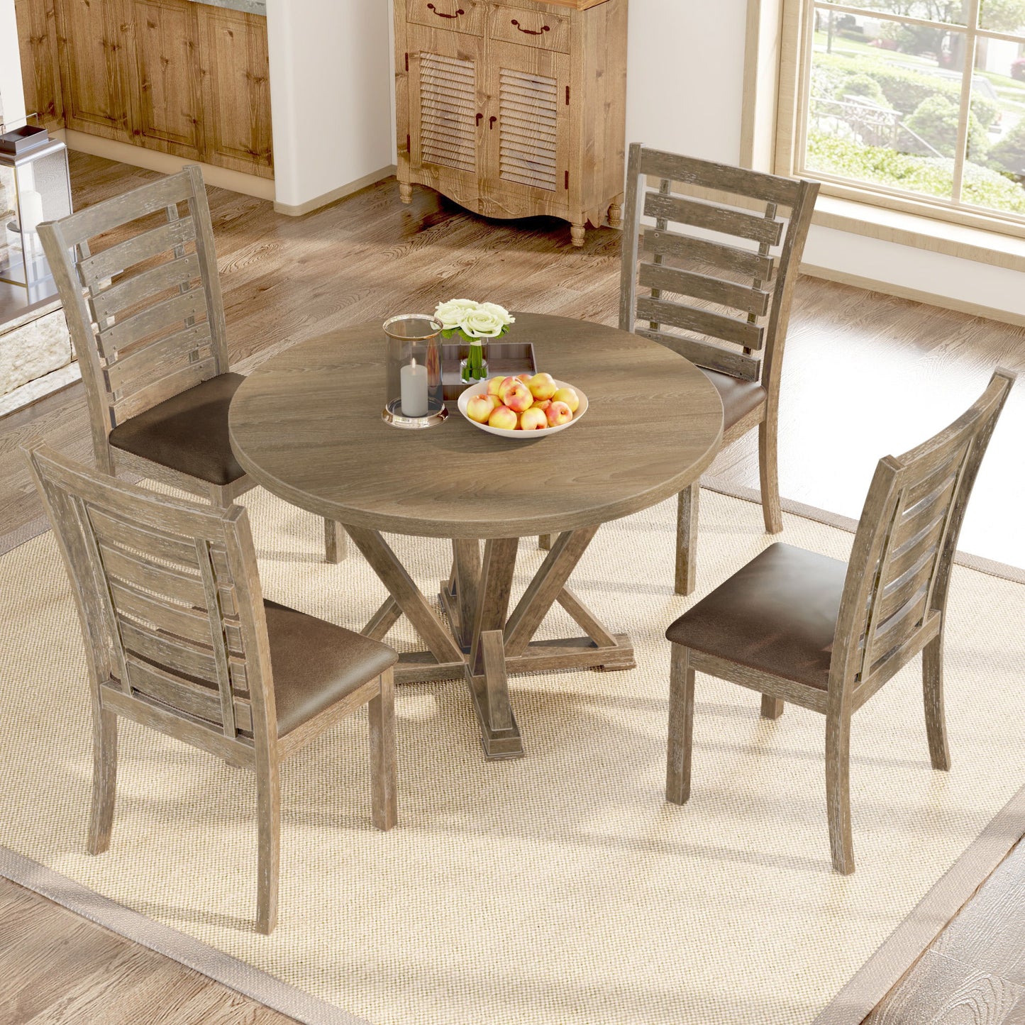 5 Pieces Table Set Round Dining Table Solid Wood Modern Farmhouse Rustic Look Distressed Look - Grayish Brown