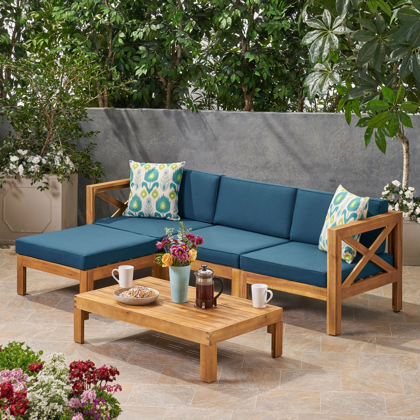 Radiat 5 Piece Outdoor L Shaped Sof Set With Coffee Table And Water Resistant Cushions - Teak