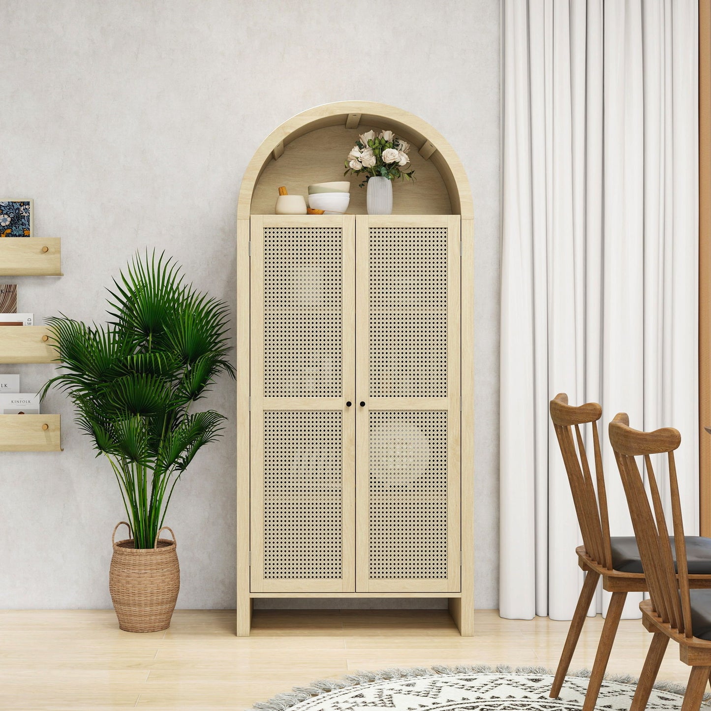 Tall Arched Kitchen Pantry, Arched Storage Display Cabinet With 2 Drawers & Adjustable Shelves, Rattan Door Versatile Storage Cabinet For Kitchen, Dining Room - Natural