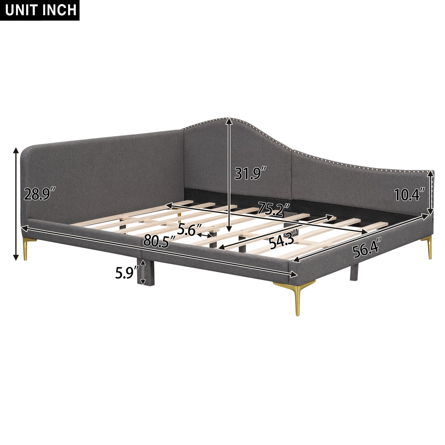 Upholstered Daybed With Headboard And Armrest, Support Legs