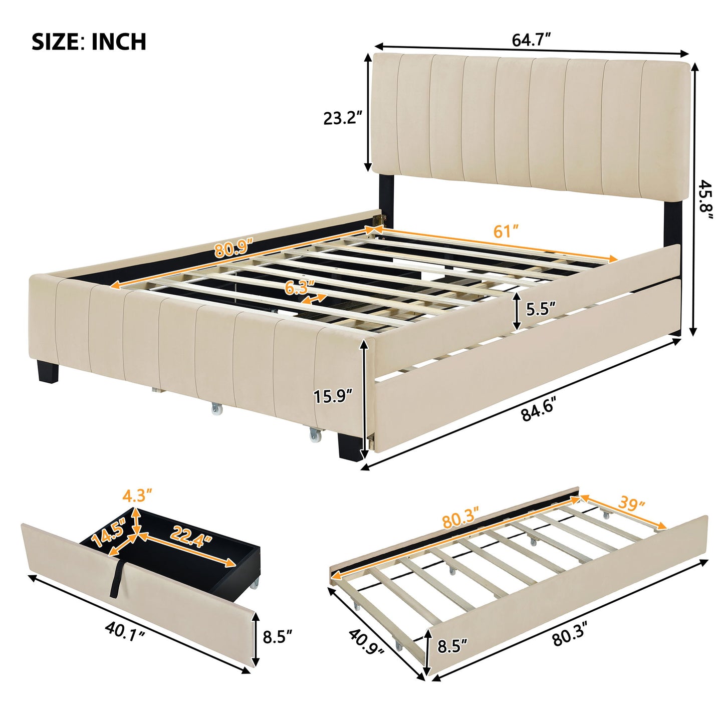 Platform UpholsteredBed With 2 Drawers And Twin Long Trundle