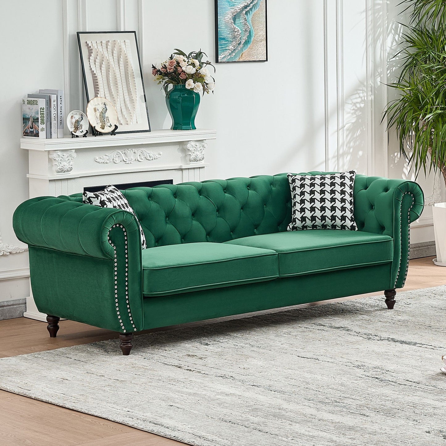 Mid Century Chesterfield Velvet Fabric Sofa With Roll Armrest & Nailhead, Green, 87 Inches