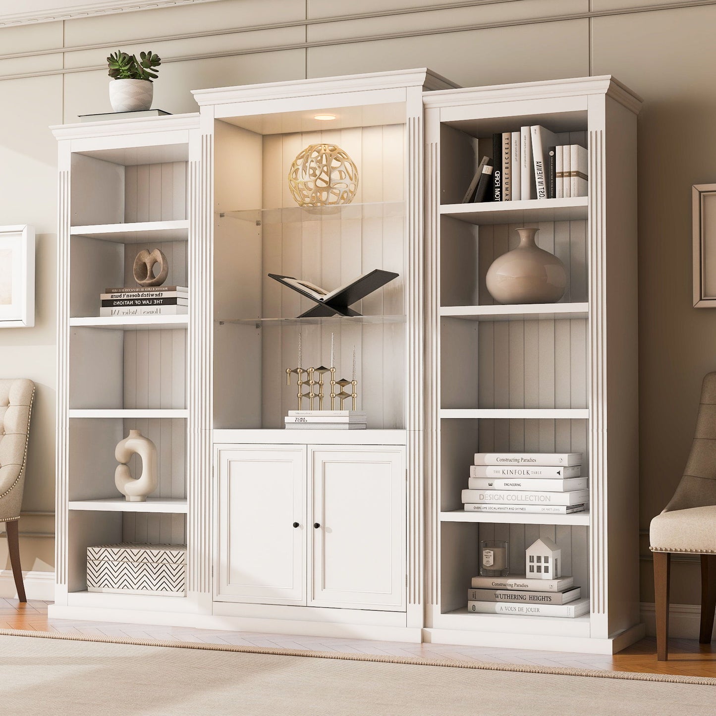 Retro Style 3 Piece Bookcase Display Cabinet With Adjustable LED Lighting, Tempered Glass Shelves - White