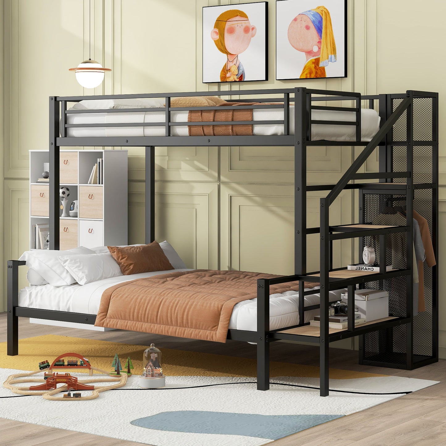 Twin Over Full Bunk Bed With Storage Staircase And Open Wardrobe - Black
