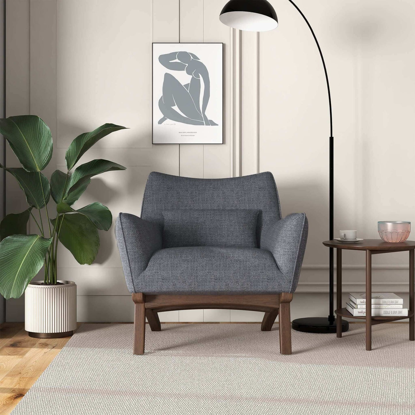 Brayden - Mid-Century Modern Side Linen Armchair - Gray / Wood