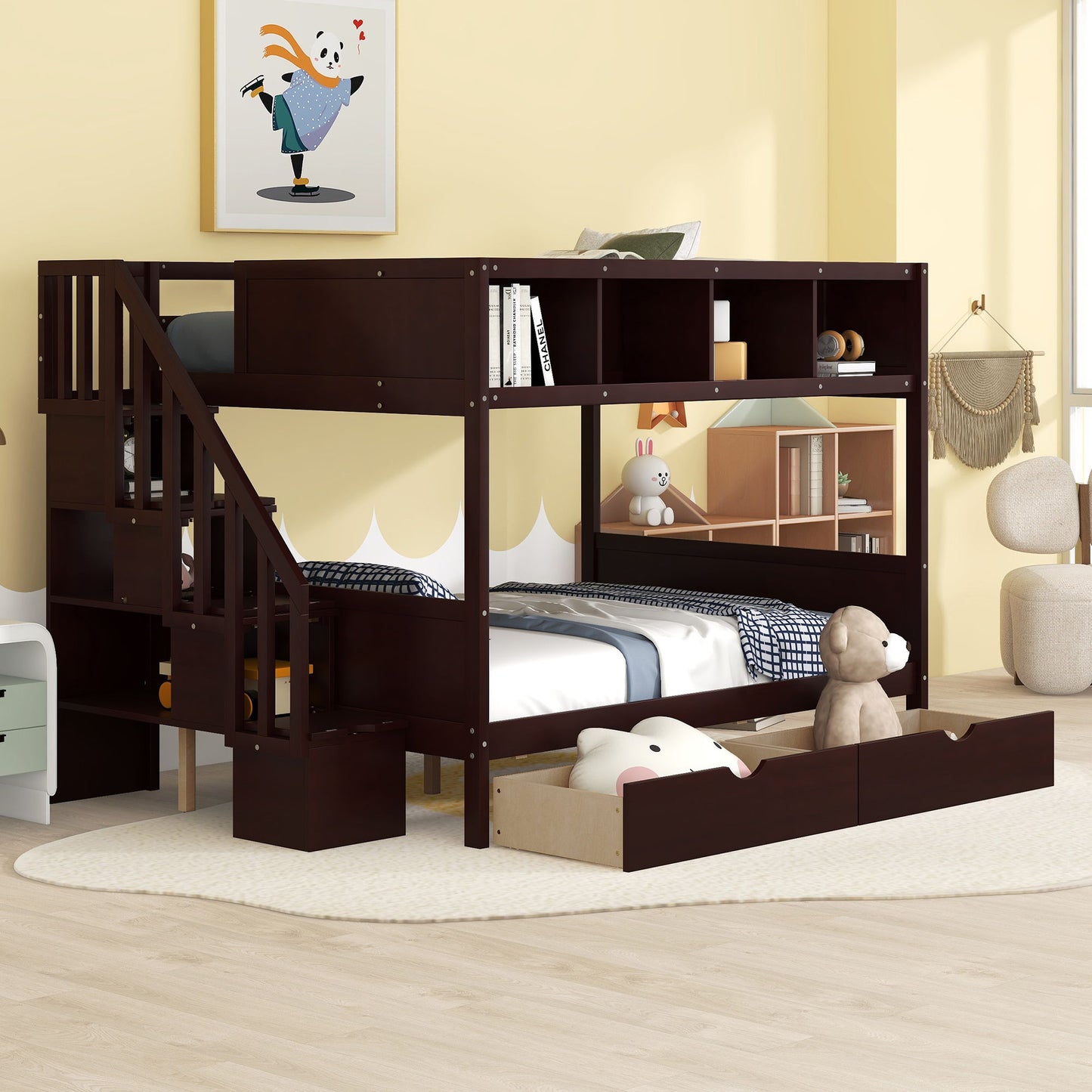 Bunk Bed With Shelfs, Storage Staircase And 2 Drawers