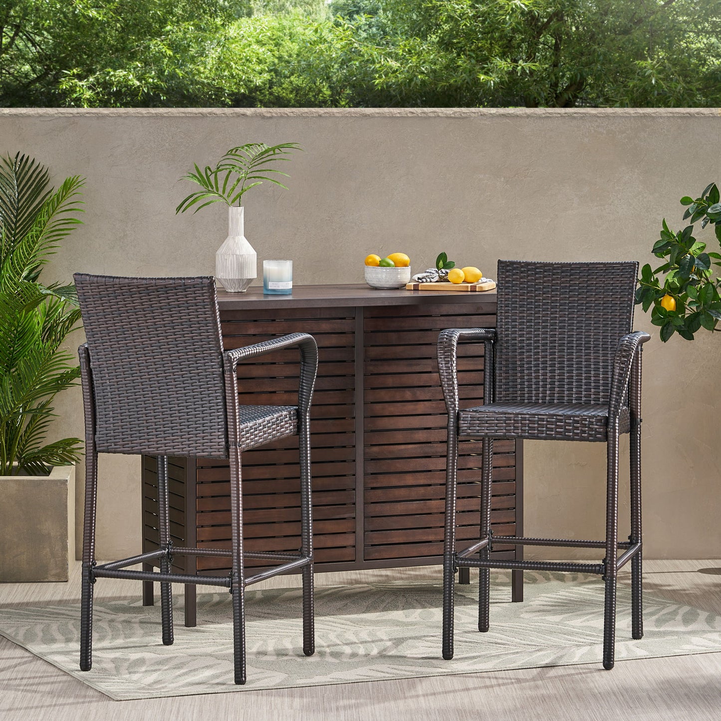 Outdoor Rattan Wicker Bar Chair With Metal Frame - Brown
