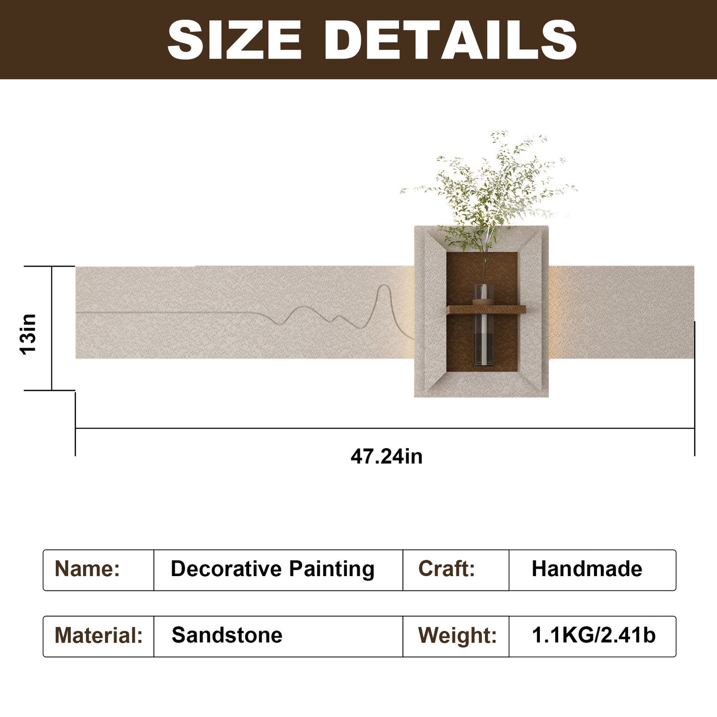 3D LED Sandstone Wall Decor With Simulated Plants, Glass Vase & Remote Control - Light Coffee