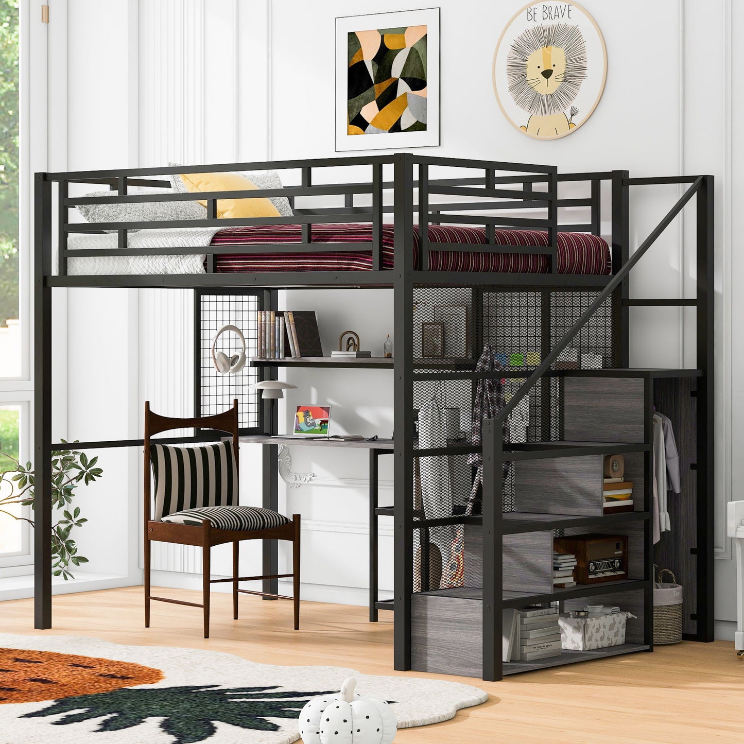 Full Size Metal Loft Bed With Wardrobe, Desk, Storage Shelves - Black
