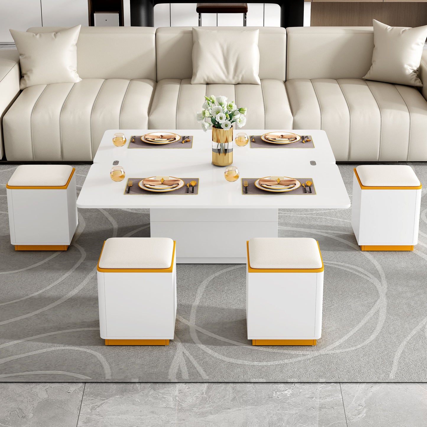 Multi Functional Adjustable Coffee Table With 4 Storage Stools
