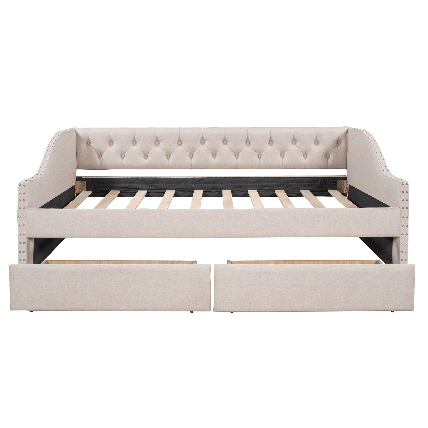 Upholstered Daybed With Two Drawers, Wood Slat Support