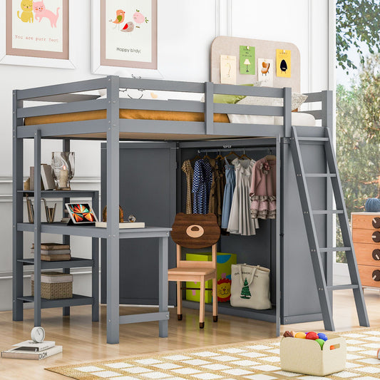 Full Size Loft Bed With Wardrobe And Desk And Shelves - Gray