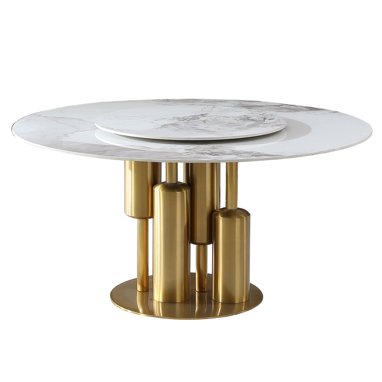 53" Round Marble Dining Table With Lazy Susan, Dining Room, Dinette (Table Only) - Gold / Gold / White