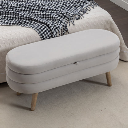 Velvet Fabric Storage Bench With Wood Legs For Bedroom And Living Room - Light Gray