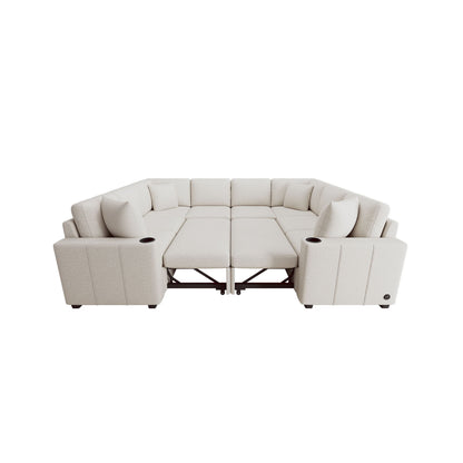 Modern U-Shaped Sectional Sofa Convertible Pull-Out Sofa Bed With USB Ports And Cup Holders