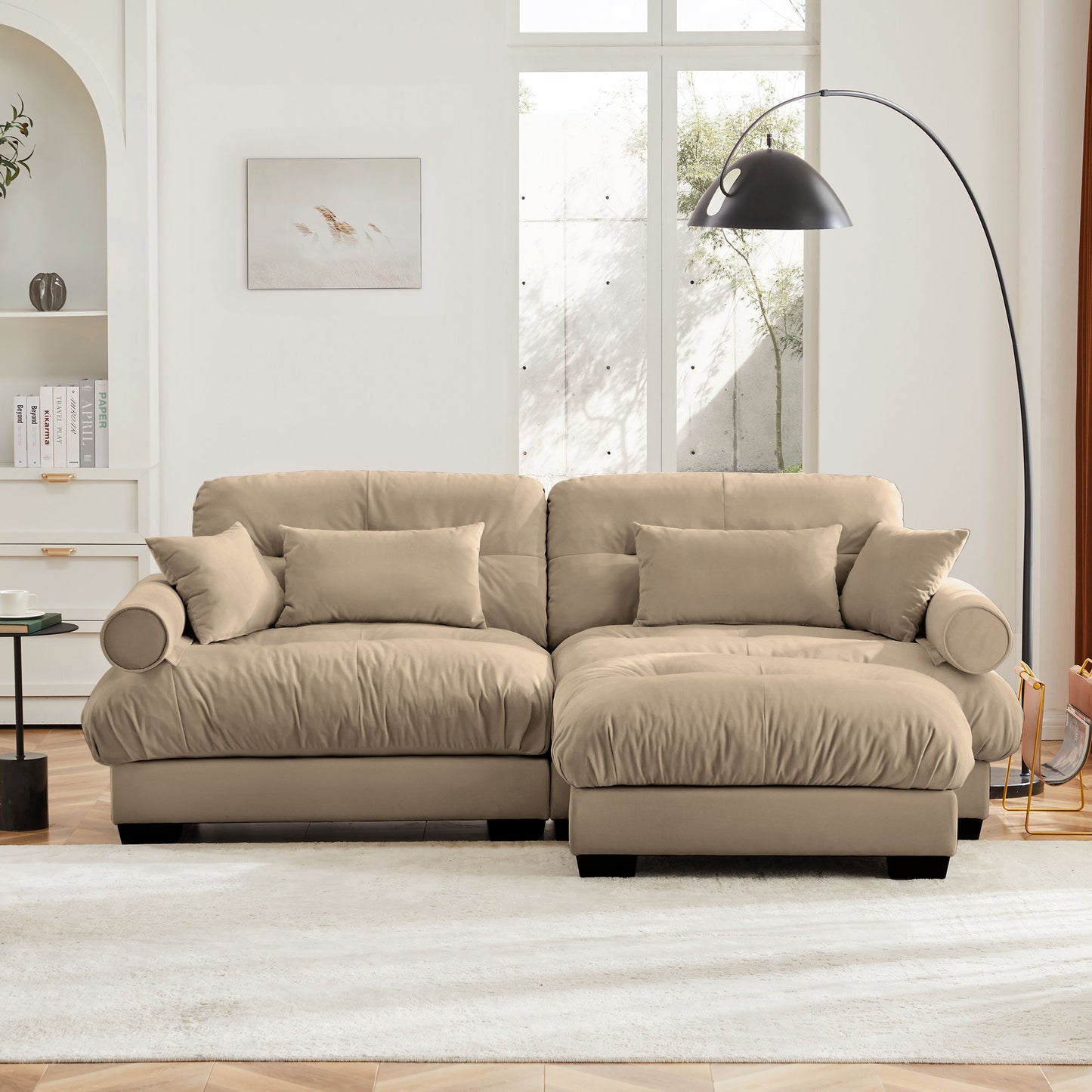 Modern Sectional Sofa With Ottoman, Round Bolster Armrests, Waist And Throw Pillows