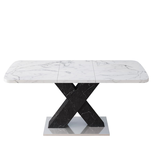 Rectangle Dining Table With Stretchable Top, X Shape Mdf Legs With Steel Base - White / Black