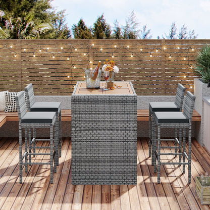 5 Pieces Outdoor Patio Wicker Bar Set, Bar Height Chairs With Non-Slip Feet And Fixed Rope, Removable Cushion, Acacia Wood Table Top - Brown / Gray
