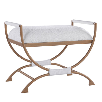 Nora - Bench With Bronze Metal Frame And Boucle Fabric Seat - White