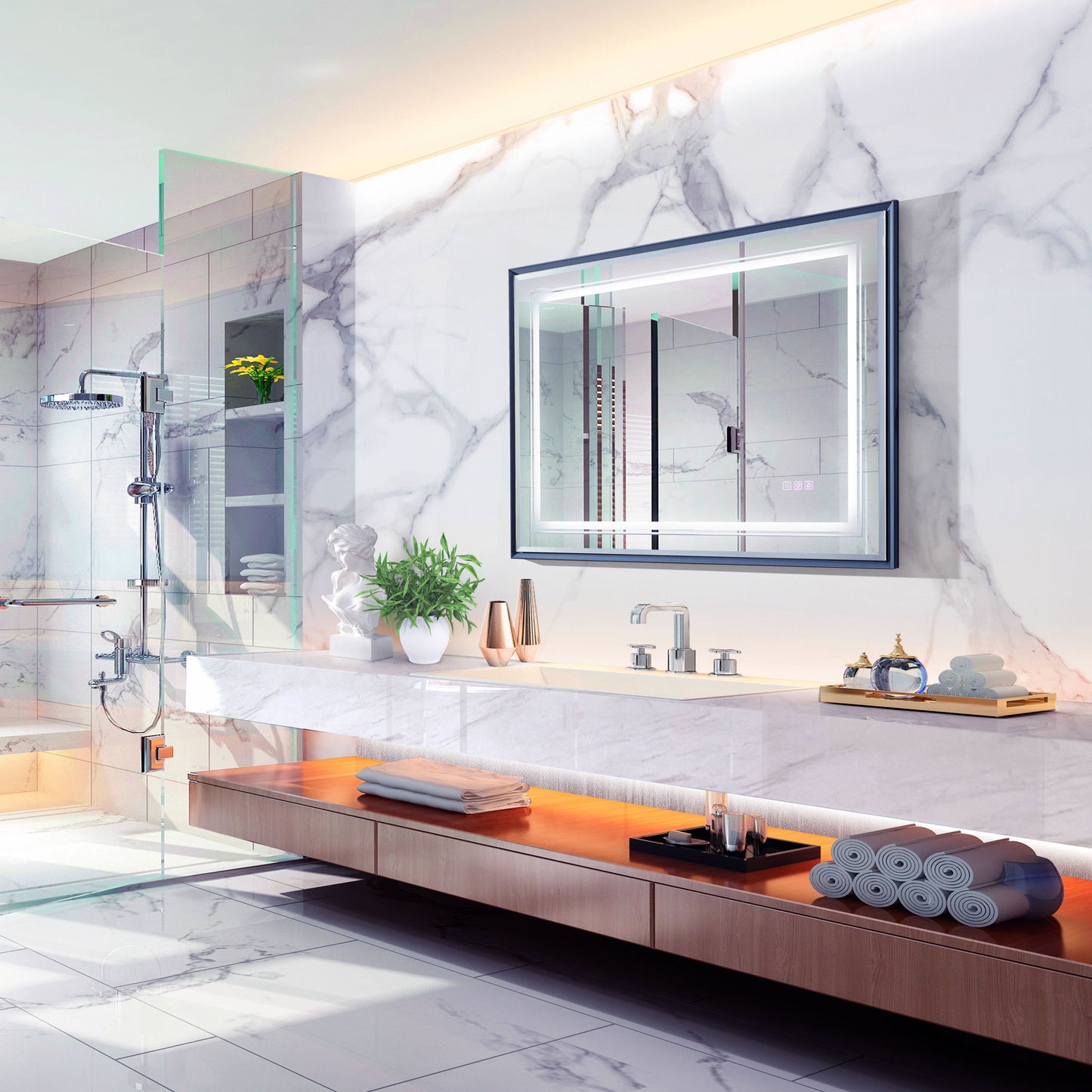 LED Bathroom Beveled Mirror, 3000 - 6000K Gradient Front And Backlit LED Mirror For Bathroom, 3 Colors Dimmable, Ip54 Enhanced Anti Fog