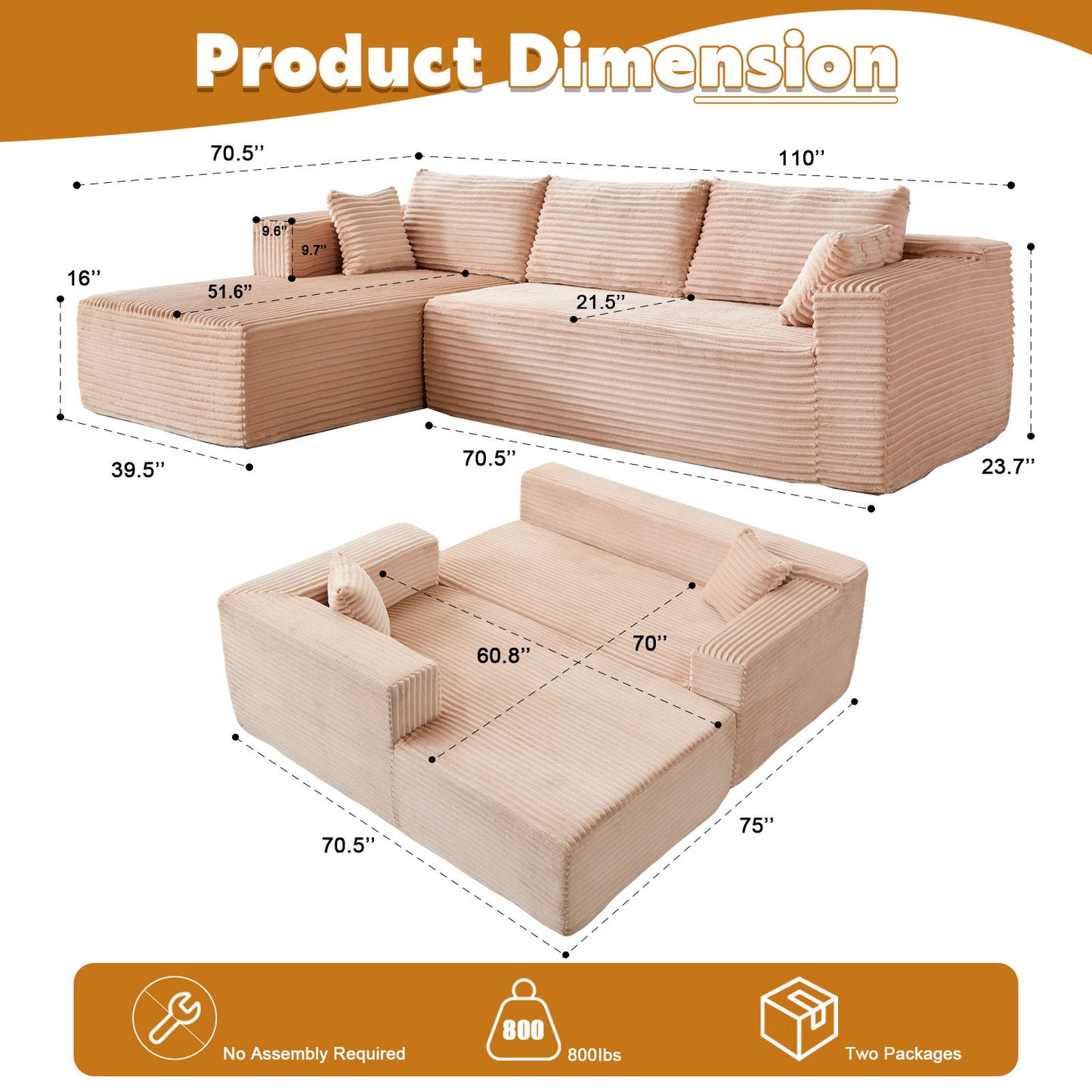 Compression Sectional Couch With Comfy Chaise, Boneless L Shape Sofa With Deep Seat