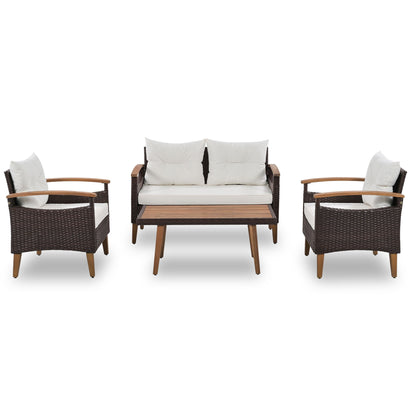 4 Piece Garden Furniture, Patio Seating Set, Outdoor Sofa Set, Wood Table And Legs - Brown / Beige