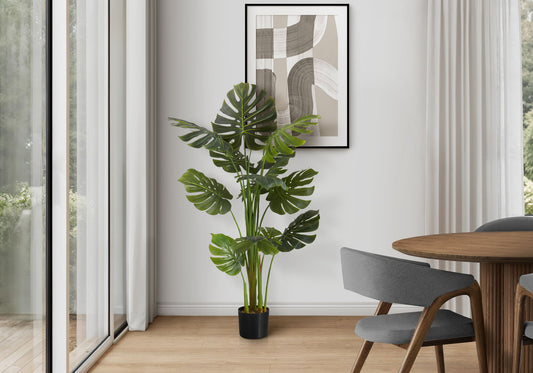 55" Tall, Artificial Plant, Monstera Tree, Indoor, Faux, Fake, Floor, Greenery, Potted, Real Touch, Decorative - Green / Black
