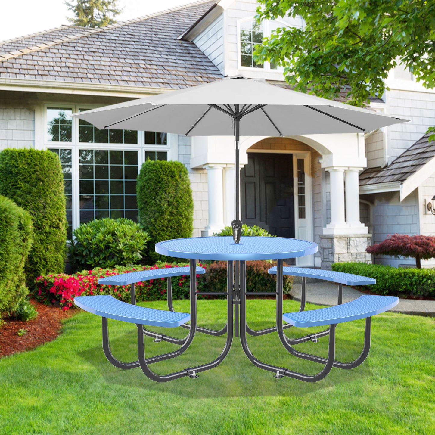 Round Outdoor Steel Picnic Table 46" With Umbrella Pole - Blue