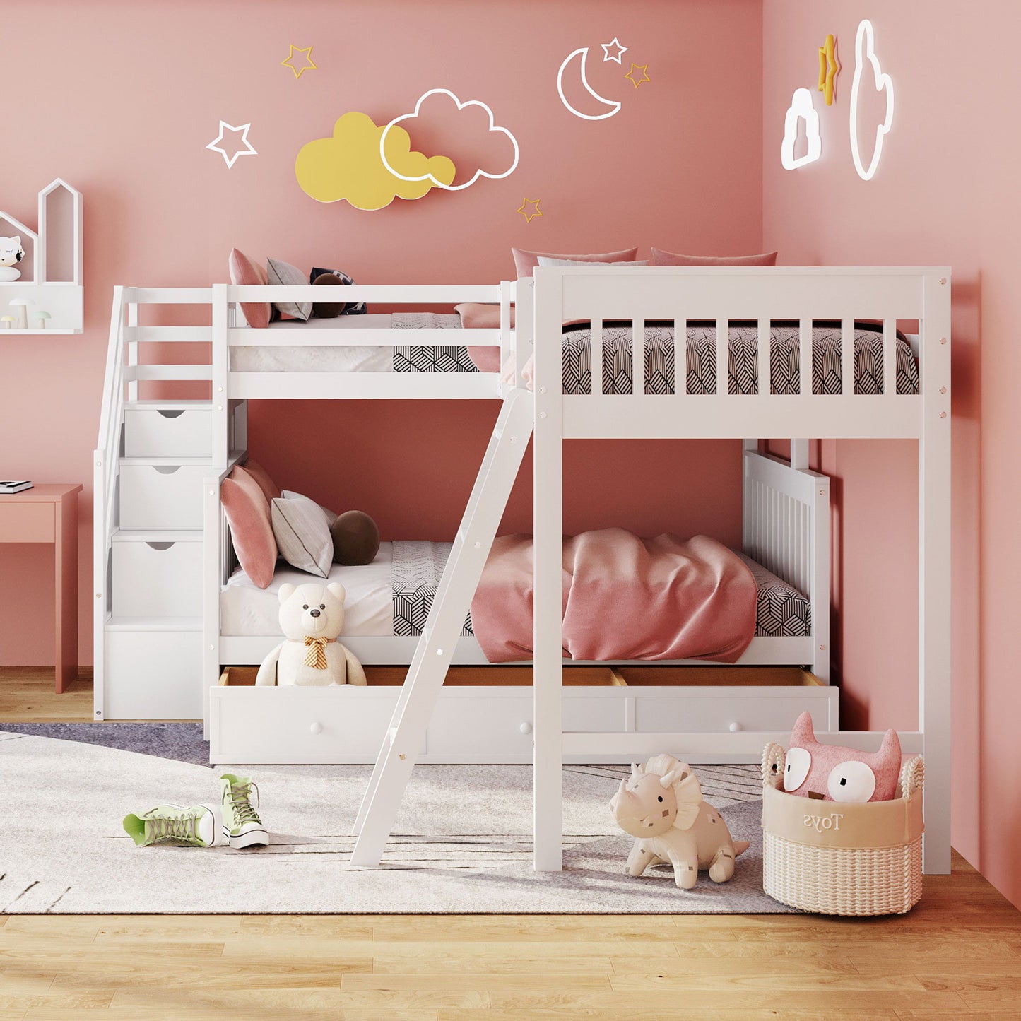 Solid L Shaped Bunk Bed With 3 Drawers, Ladder And Staircase