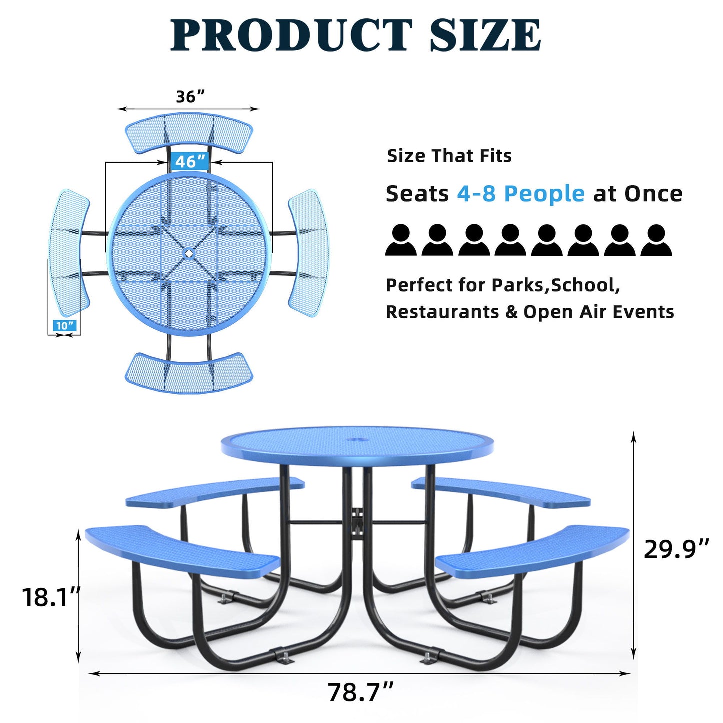 Round Outdoor Steel Picnic Table 46" With Umbrella Pole - Blue