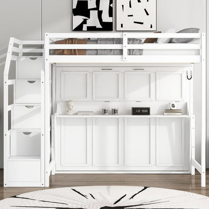 Full Long Loft Bed With Storage Staircase, Murphy Bed, LED Light - White