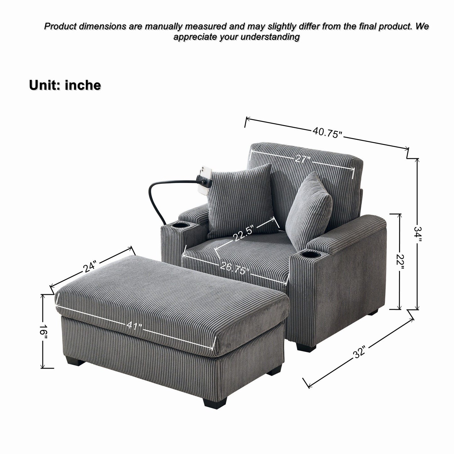 Oversized Chaise Lounge Chair With Ottoman And Storage