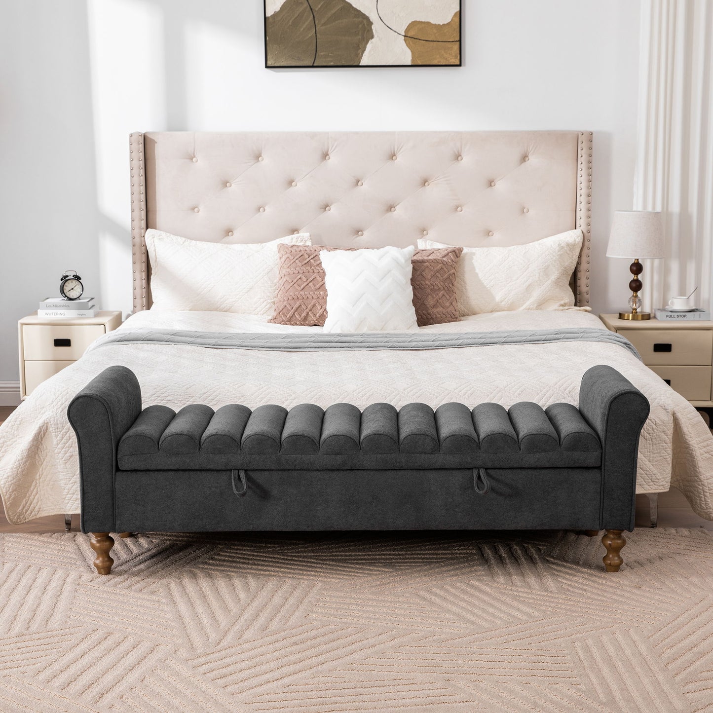 Wide Modern Upholstered Storage Bench With Rolled Armrest