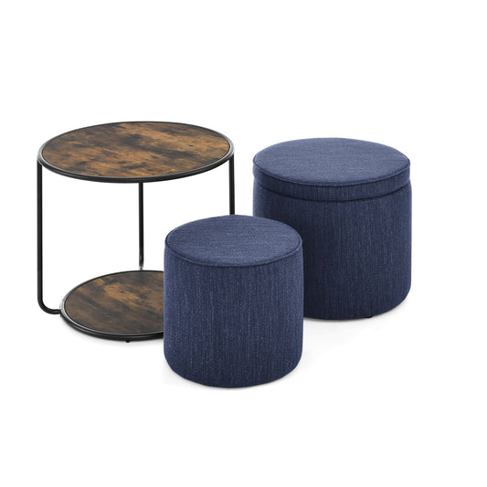 Multi Functional Ottoman And Table Set With Drum Stool Storage Space - Dark Blue