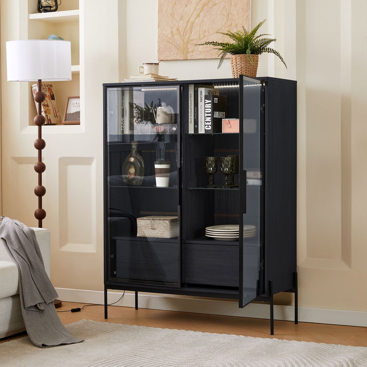 Modern Minimalist Style LED Curio Cabinet With Tempered Glass Door, Metal Legs