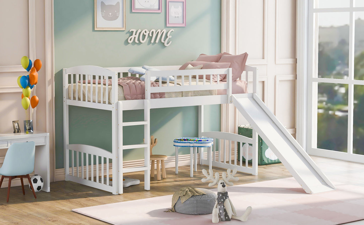Twin Size Loft Bed With Slide And Ladder - White