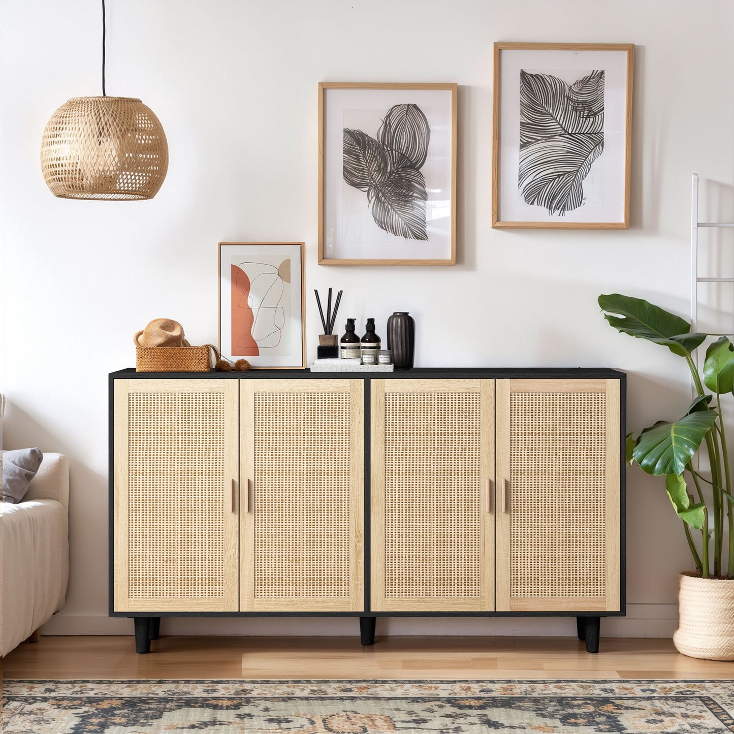 Elegant And Functional Rattan Decorative Storage Cabinet With 4 Doors