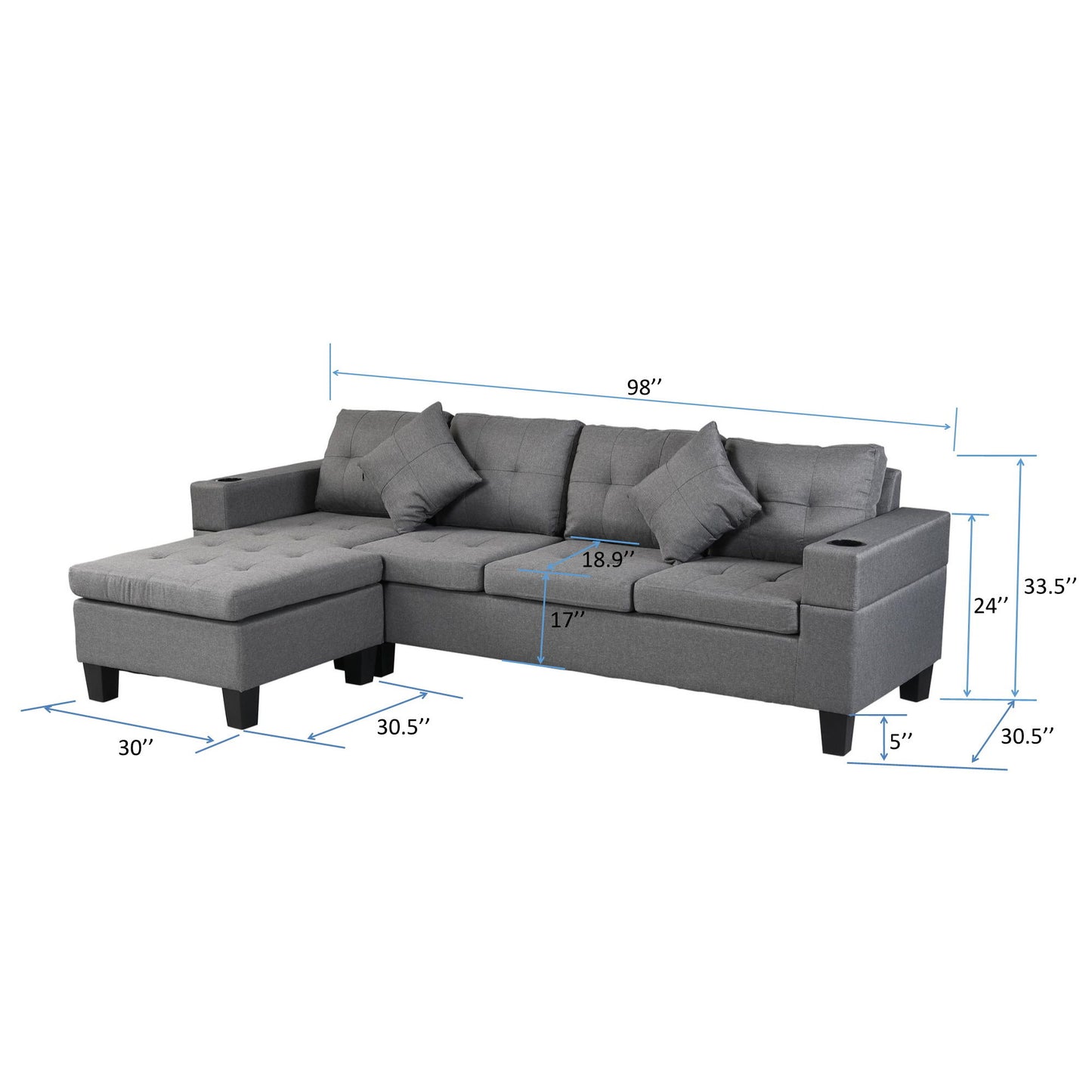 Sectional Sofa Set For Living Room With L Shape Chaise Lounge, Cup Holder And Left Or Right Hand Chaise Modern 4 Seat - Gray