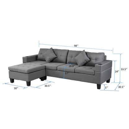 Sectional Sofa Set For Living Room With L Shape Chaise Lounge, Cup Holder And Left Or Right Hand Chaise Modern 4 Seat - Gray