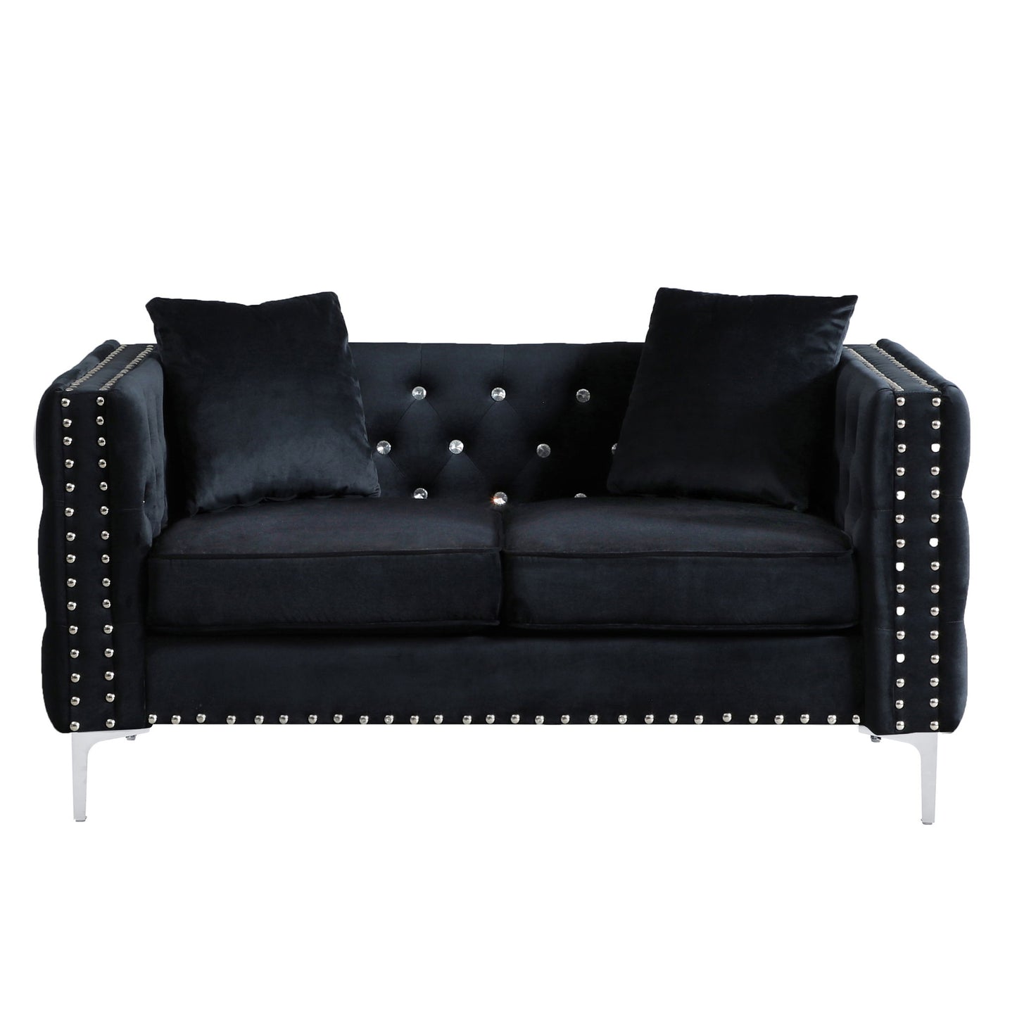 Wide Sofa With Jeweled Buttons Square Arm, 2 Pillows - Black