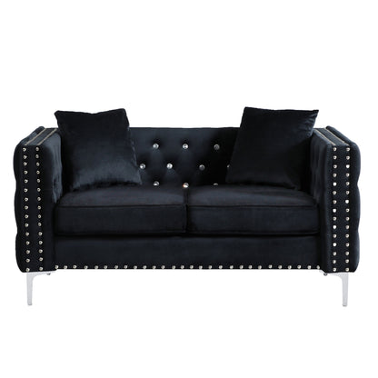 Wide Sofa With Jeweled Buttons Square Arm, 2 Pillows - Black